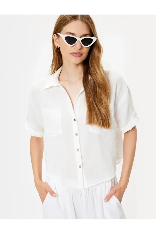 Pocket Shirt Short Sleeve Drop Shoulder Classic Collar-Ekr - KOTON