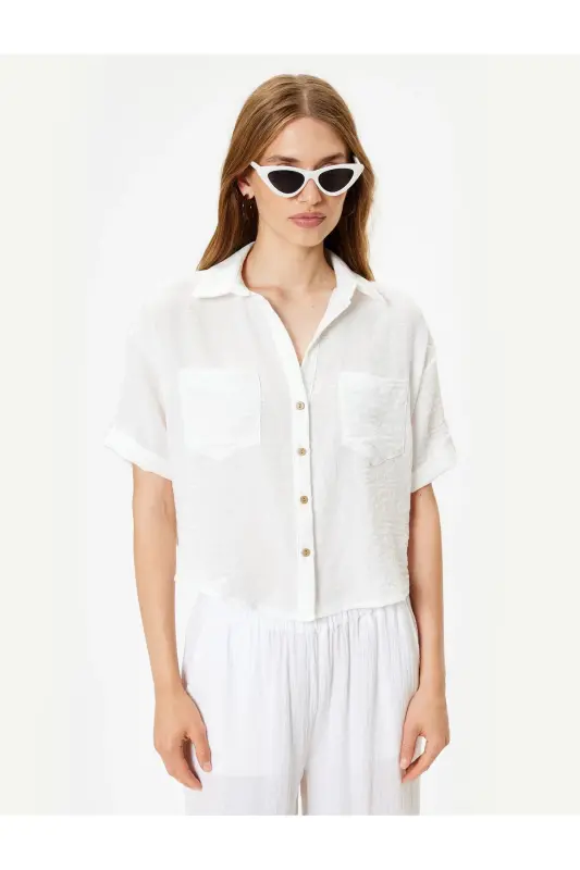 Pocket Shirt Short Sleeve Drop Shoulder Classic Collar-Ekr - 3