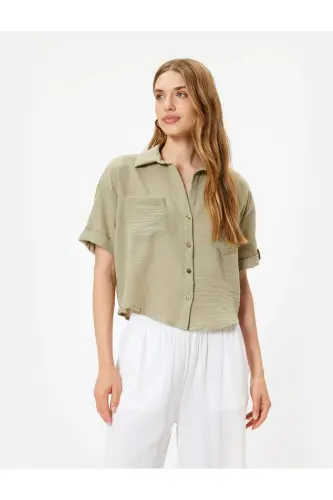 Pocket Shirt Short Sleeve Drop Shoulder Classic Collar-Khaki 