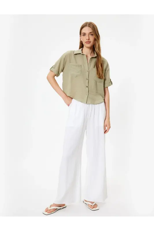 Pocket Shirt Short Sleeve Drop Shoulder Classic Collar-Khaki - 2