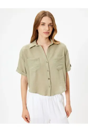 Pocket Shirt Short Sleeve Drop Shoulder Classic Collar-Khaki - 3