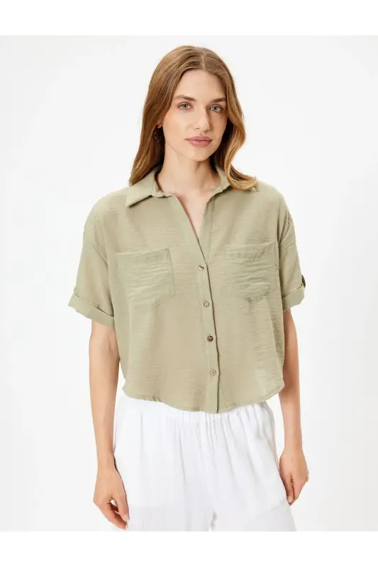 Pocket Shirt Short Sleeve Drop Shoulder Classic Collar-Khaki - 3