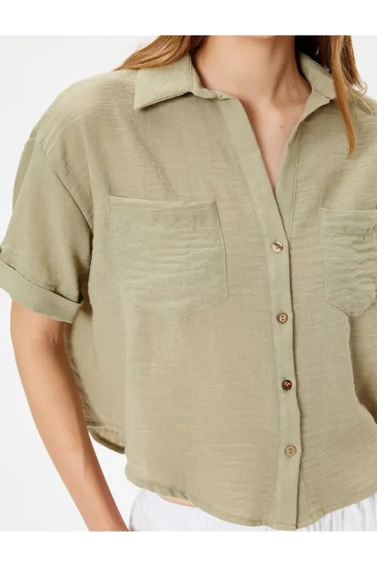 Pocket Shirt Short Sleeve Drop Shoulder Classic Collar-Khaki - 5