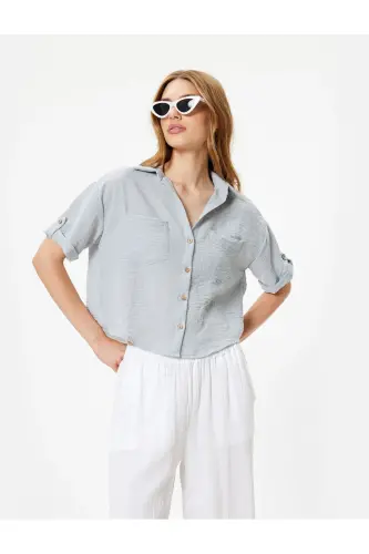 Pocket Shirt Short Sleeve Low Shoulder Classic Collar-Gray 