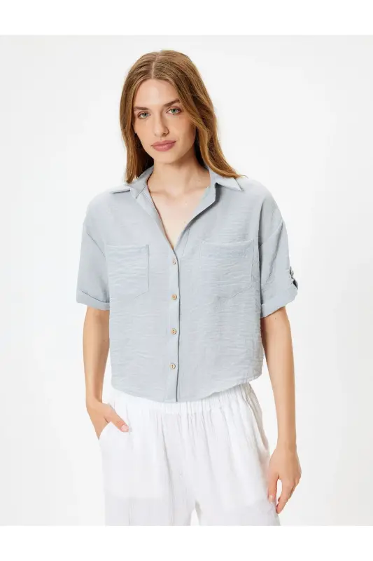 Pocket Shirt Short Sleeve Low Shoulder Classic Collar-Gray - 3