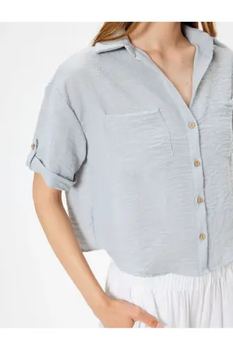 Pocket Shirt Short Sleeve Low Shoulder Classic Collar-Gray - 5