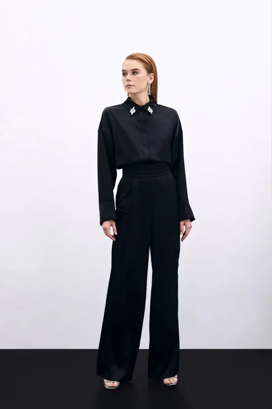 Pocket Slouchy Satin Pants - BLACK-BLACK - 1