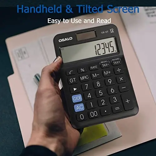 Pocket Small Size Desk Calculator, 12 Digit Large LCD Display, Basic Tax Function Handheld Desktop Calculator with Solar Battery Dual Power, Perfect for Office, School, Business OS-12T (Black) - 3