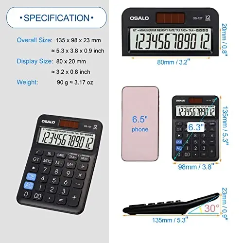 Pocket Small Size Desk Calculator, 12 Digit Large LCD Display, Basic Tax Function Handheld Desktop Calculator with Solar Battery Dual Power, Perfect for Office, School, Business OS-12T (Black) - 5