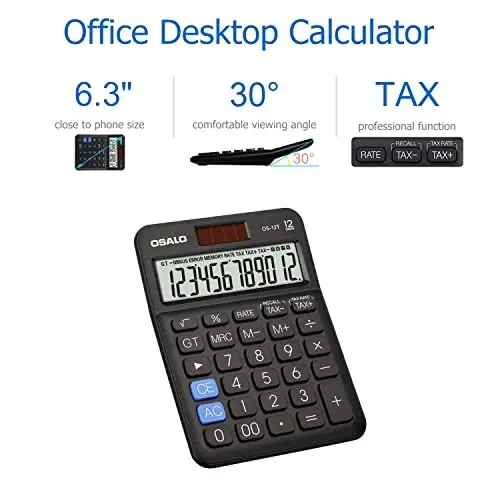 Pocket Small Size Desk Calculator, 12 Digit Large LCD Display, Basic Tax Function Handheld Desktop Calculator with Solar Battery Dual Power, Perfect for Office, School, Business OS-12T (Black) - 4