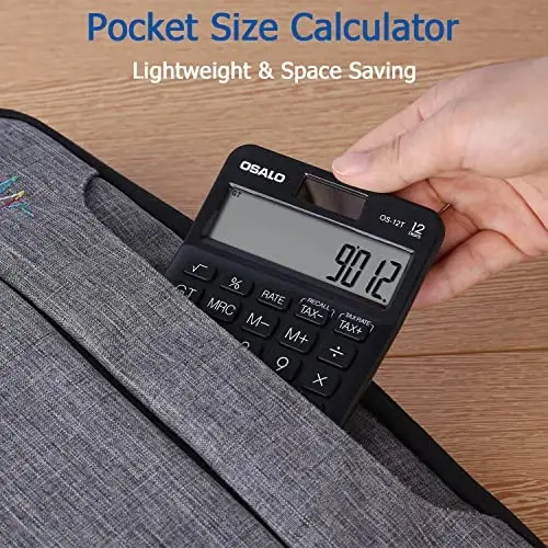 Pocket Small Size Desk Calculator, 12 Digit Large LCD Display, Basic Tax Function Handheld Desktop Calculator with Solar Battery Dual Power, Perfect for Office, School, Business OS-12T (Black) - 2