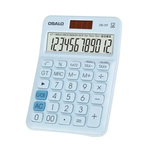Pocket Small Size Desk Calculator, 12 Digit Large LCD Display, Basic Tax Function Handheld Desktop Calculator with Solar Battery Dual Power, Perfect for Office, School, Business OS-12T (Blue) - 1
