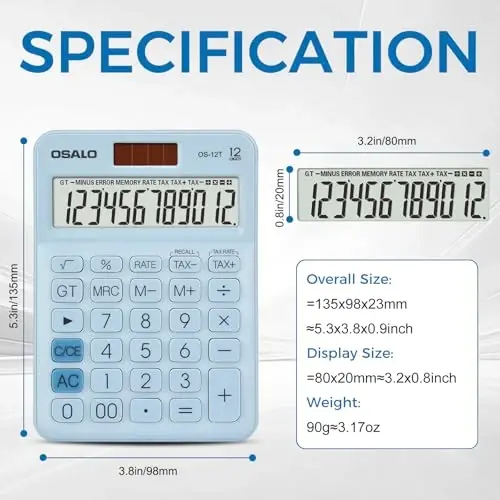 Pocket Small Size Desk Calculator, 12 Digit Large LCD Display, Basic Tax Function Handheld Desktop Calculator with Solar Battery Dual Power, Perfect for Office, School, Business OS-12T (Blue) - 3