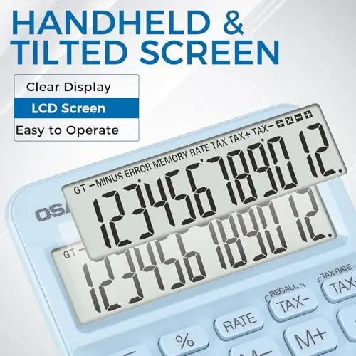 Pocket Small Size Desk Calculator, 12 Digit Large LCD Display, Basic Tax Function Handheld Desktop Calculator with Solar Battery Dual Power, Perfect for Office, School, Business OS-12T (Blue) - 4