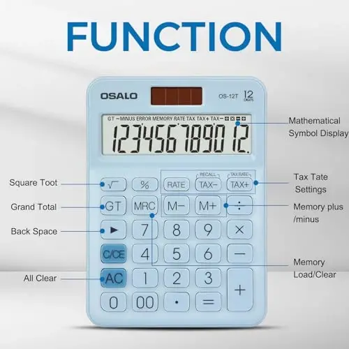 Pocket Small Size Desk Calculator, 12 Digit Large LCD Display, Basic Tax Function Handheld Desktop Calculator with Solar Battery Dual Power, Perfect for Office, School, Business OS-12T (Blue) - 5