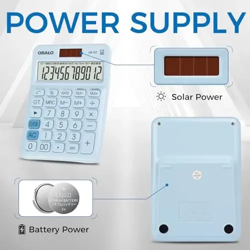 Pocket Small Size Desk Calculator, 12 Digit Large LCD Display, Basic Tax Function Handheld Desktop Calculator with Solar Battery Dual Power, Perfect for Office, School, Business OS-12T (Blue) - 6