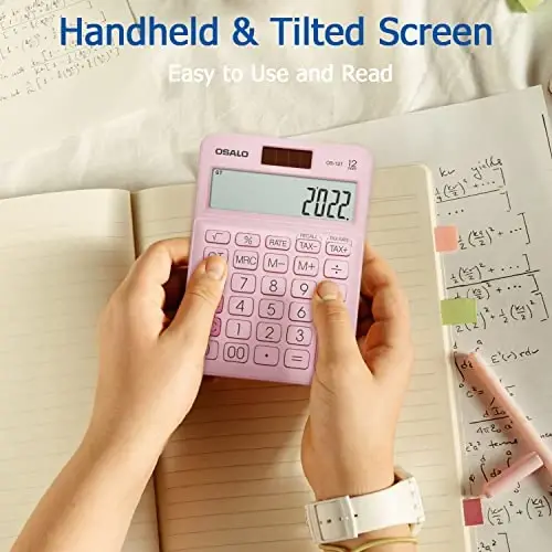 Pocket Small Size Desk Calculator, 12 Digit Large LCD Display, Basic Tax Function Handheld Desktop Calculator with Solar Battery Dual Power, Perfect for Office, School, Business OS-12T (Pink) - 3
