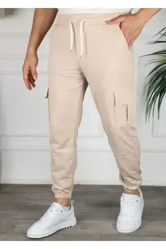 Pocket Unisex Elastic Hem Sweatpants - BEIGE - 1
