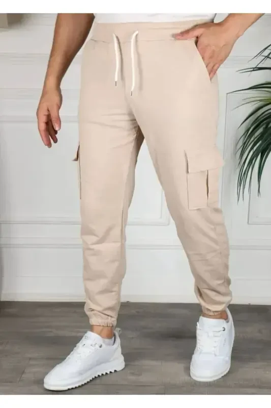 Pocket Unisex Elastic Hem Sweatpants - BEIGE - 1