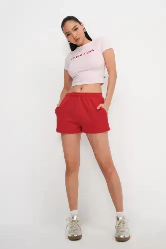 Pocketed Elastic Waist Shorts S1010-N12-B.Red - 1