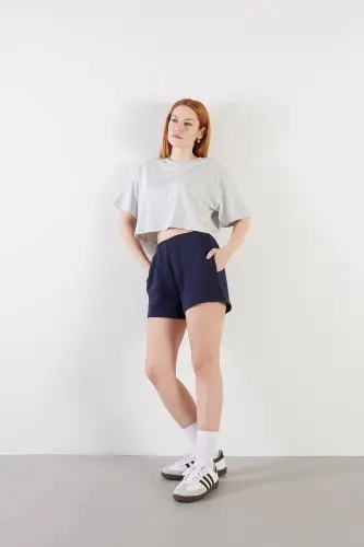 Pocketed Elastic Waist Shorts S1010-n12-Navy Blue 