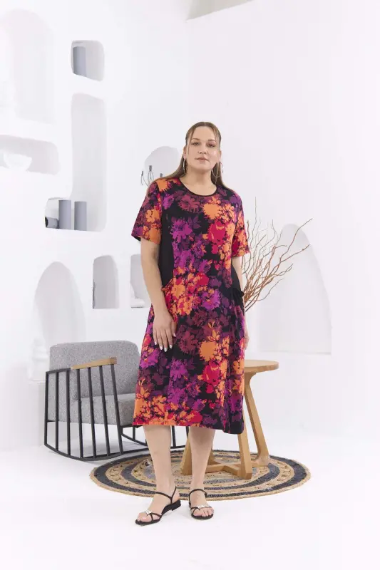 Pocketed Floral Print Plus Size Orange Dress - 1