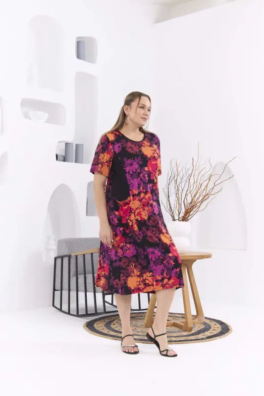 Pocketed Floral Print Plus Size Orange Dress - 2