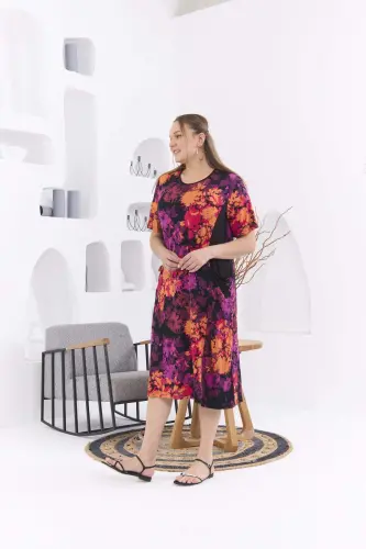 Pocketed Floral Print Plus Size Orange Dress - 3