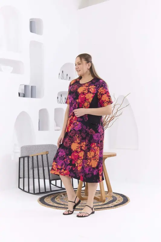 Pocketed Floral Print Plus Size Orange Dress - 5