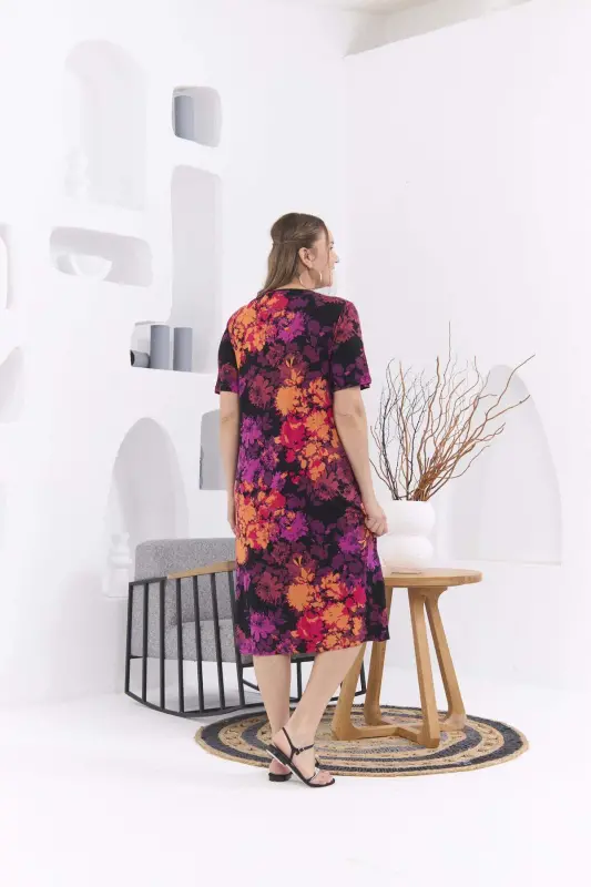 Pocketed Floral Print Plus Size Orange Dress - 6