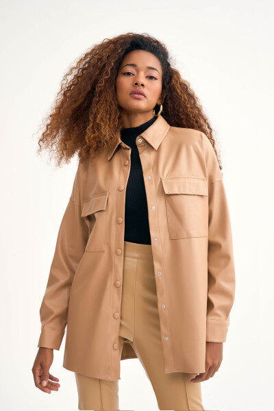 Pocketed Leather Shirt Jacket - Beige - 2