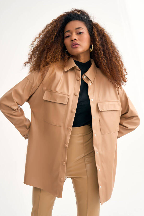 Pocketed Leather Shirt Jacket - Beige - 3