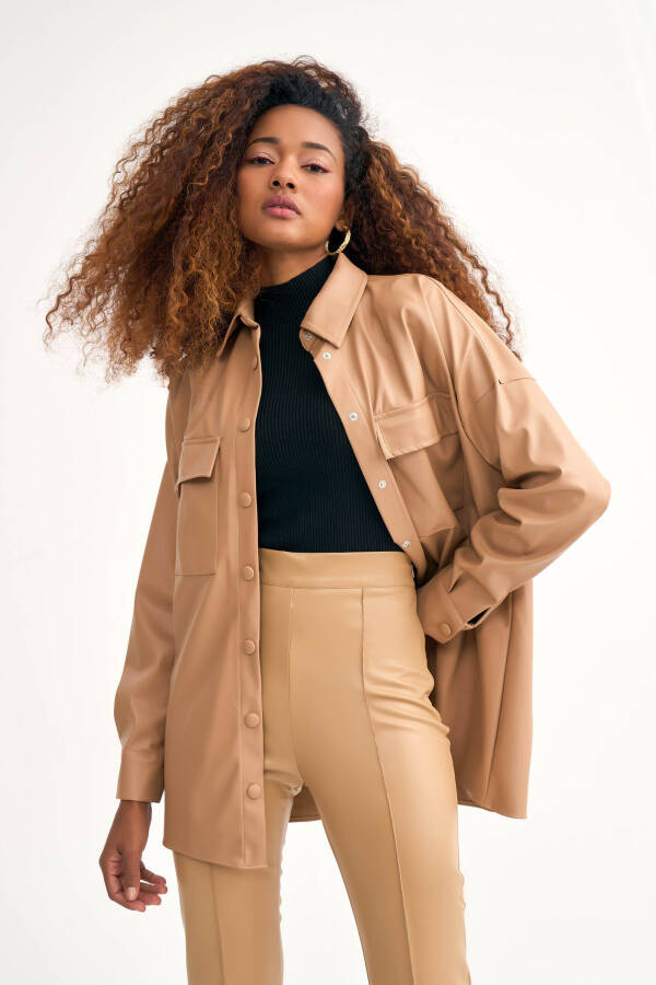 Pocketed Leather Shirt Jacket - Beige - 4