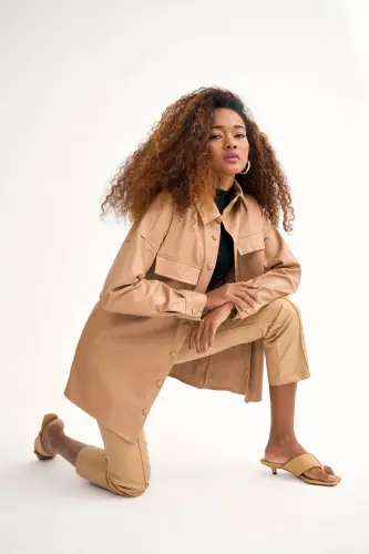 Pocketed Leather Shirt Jacket - Beige - 1