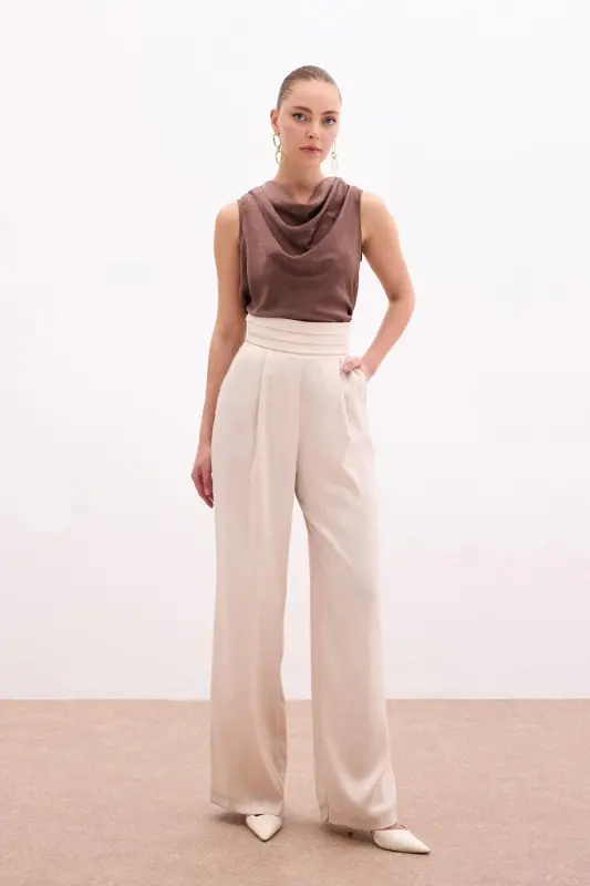 Pocketed Loose Satin Pants - Beige-BEIGE - SATEEN