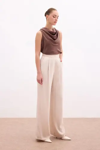 Pocketed Loose Satin Pants - Beige-BEIGE - 3