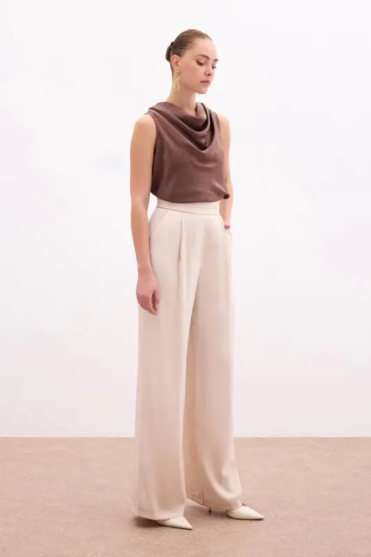 Pocketed Loose Satin Pants - Beige-BEIGE - 3