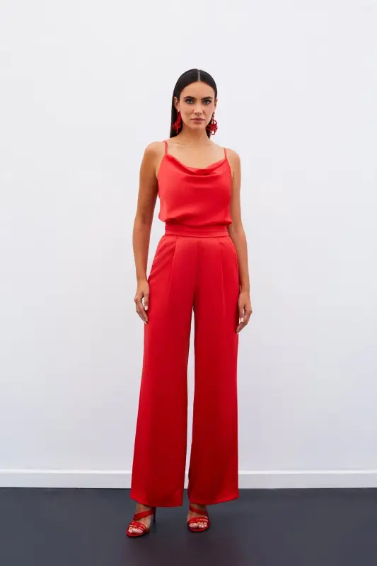 Pocketed Loose Satin Pants - CORAL-CORAL - 1