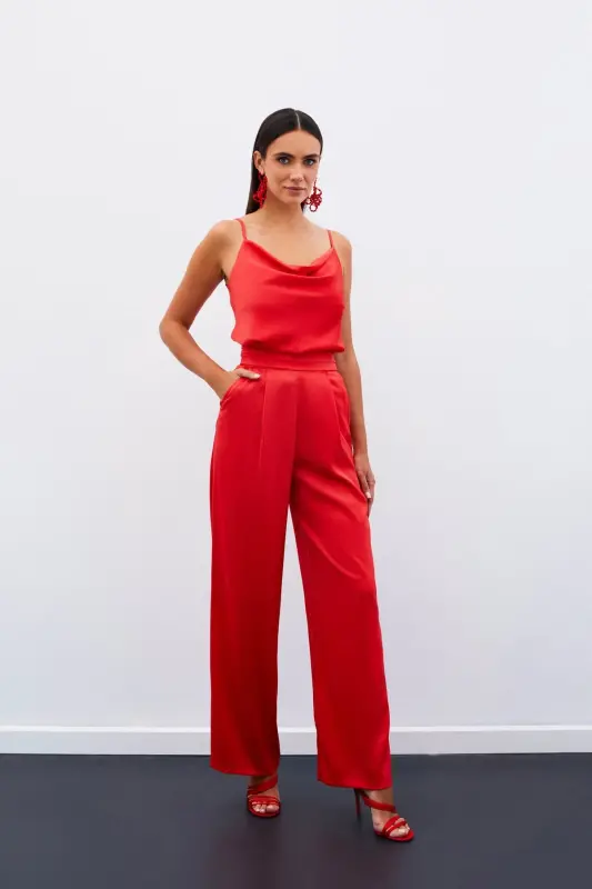 Pocketed Loose Satin Pants - CORAL-CORAL - 2