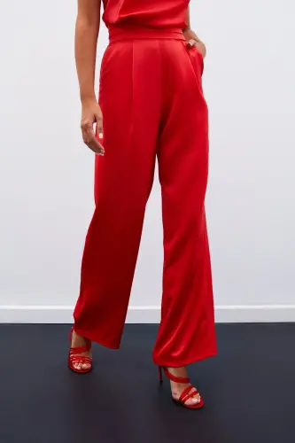 Pocketed Loose Satin Pants - CORAL-CORAL - 3