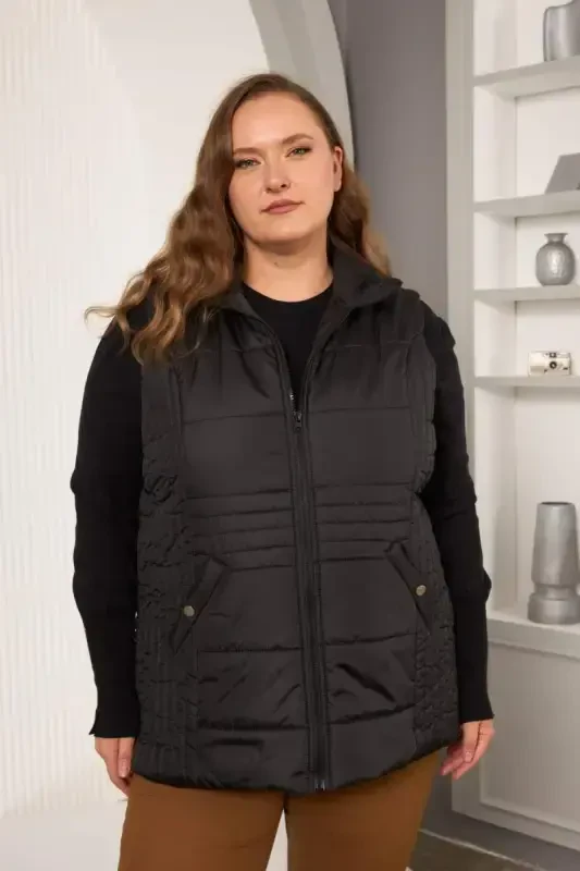 Pocketed Plus Size Quilted Vest Black - BÜYÜKBEDENIZ
