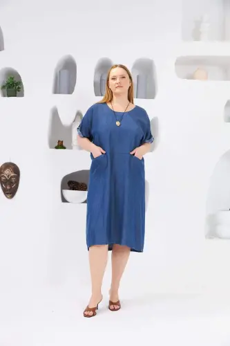 Pocketed Plus Size Tencel Casual Dress Blue - 1