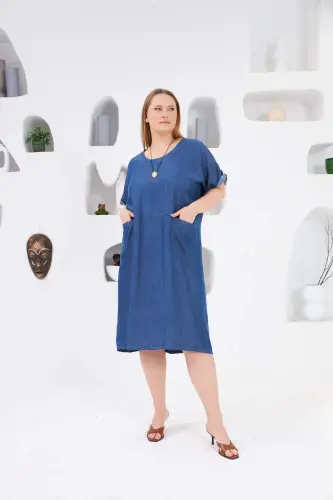 Pocketed Plus Size Tencel Casual Dress Blue - BÜYÜKBEDENIZ (1)