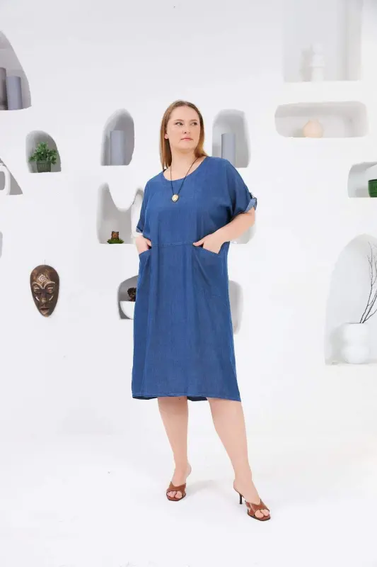 Pocketed Plus Size Tencel Casual Dress Blue - 2