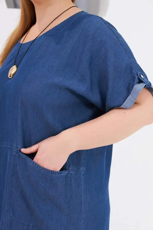 Pocketed Plus Size Tencel Casual Dress Blue - 3