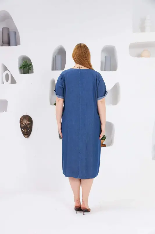 Pocketed Plus Size Tencel Casual Dress Blue - 5