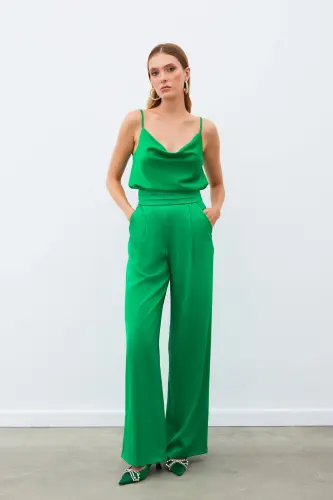 Pocketed Relaxed Satin Pants - GREEN-GREEN 