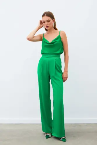 Pocketed Relaxed Satin Pants - GREEN-GREEN - 3