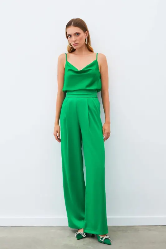 Pocketed Relaxed Satin Pants - GREEN-GREEN - 4