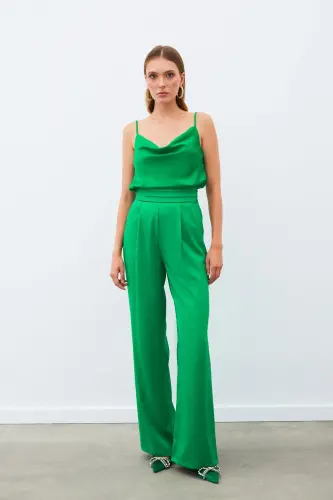 Pocketed Relaxed Satin Pants - GREEN-GREEN - SATEEN (1)
